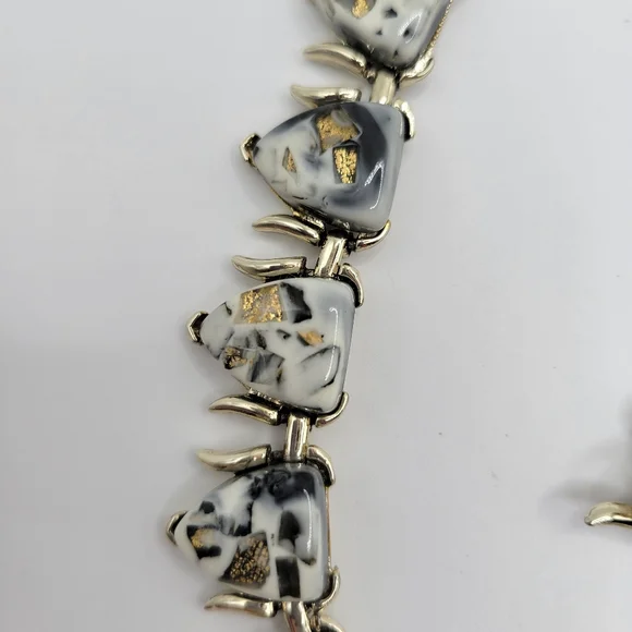 VTG Coro Demi-Parure: Gold Tone Setting | White, Black, Gold "Confetti" | SIGNED - Picture 5 of 13